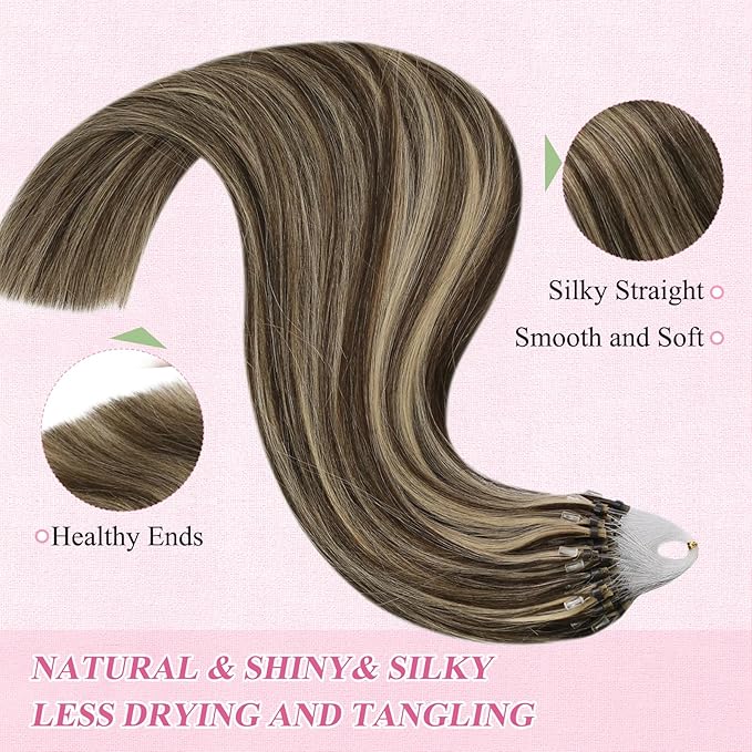 YoungSee Microlink Hair Extensions Human Hair Brown Highlight Micro Bead Hair Extensions Real Human Hair Dark Brown Highlight Caramel Blonde Beaded Hair Extension Short Hair Extension 14 Inch 50g 50s