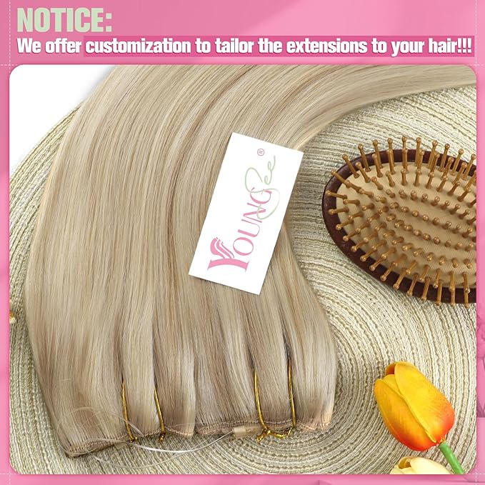 YoungSee 120g Invisible Wire Hair Extensions Ash Blonde Highlights Bleach Blonde Wire Hair Extensions for Women Highlighted Fish Line Hair Extension Human Hair 18Inch
