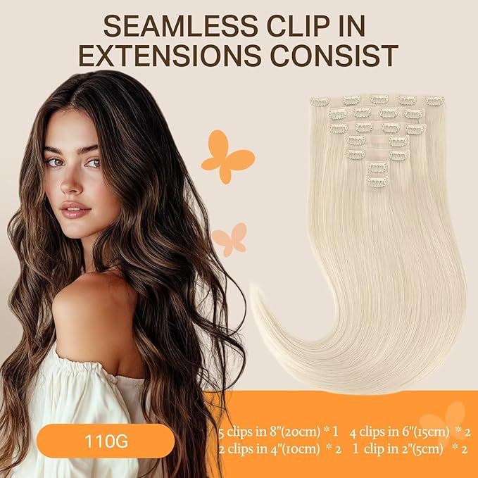 DOORES Seamless Clip in Human Hair Extensions - Platinum Blonde, 16 Inch, 7pcs 110g - Straight Remy Hair With Invisi Edge Weft