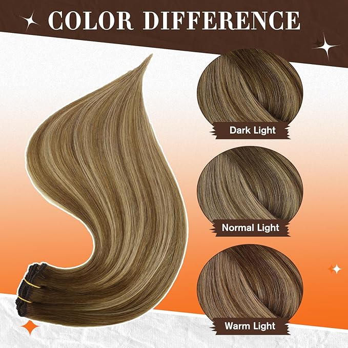 Full Shine Seamless Hair Extensions Clip in 20 Inch Ombre Brown and Medium Brown Highlight Blonde Hair Extension Clip ins Long Silky Straight Hair 60 Grams 3 PCS