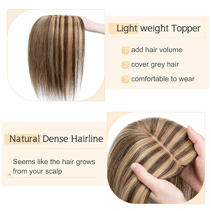 SEGO Human Hair Toppers for Women With Thinning Hair, 7 * 13CM Silk Base 100% Real Human Hair Clip in Top Wiglet Hairpieces -14 Inch No Bangs Medium Brown&Dark Blonde