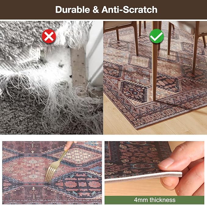 Floor Mat for Home 4×6ft, Easy Clean Plastic Rug-Like Pattern Area Mat for Living Room, Waterproof Vinyl Area Rug for Under Kitchen Table, No Slip Soft Vintage Rug for High Traffic Area (Brown)
