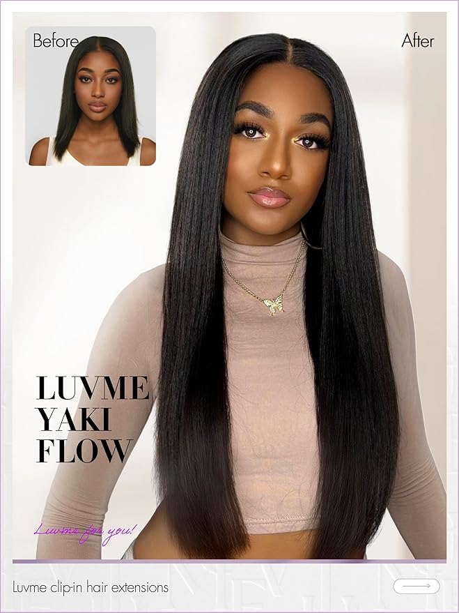 LUVME Yaki Straight Seamless 70g 4Pcs Clip in Hair Extensions Full Max with 18inch Remy Human Hair Clip ins Extensions, Natural Black 100% Real Soft Hair