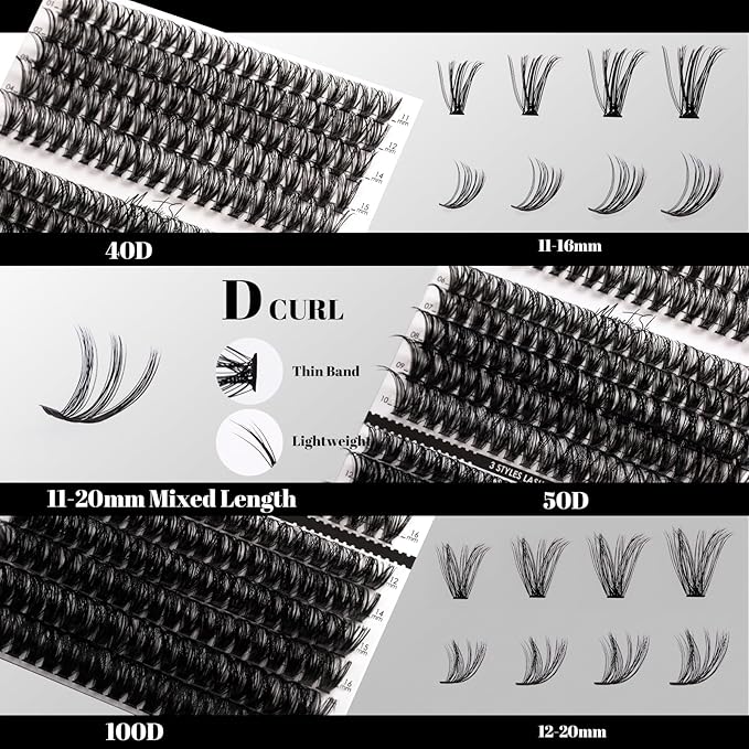 DIY Lash Extensions Kit 320pcs Individual Lashes Clusters 40D 50D 100D D Curl Eyelash Extension Kit with Applicator and Lash Bond&Seal, Lash Remover For False Eyelash Mix 11-20mm (40D+50D+100D KIT)