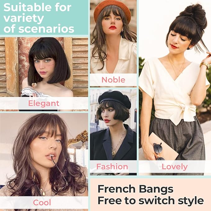 Clip in Bangs, Synthetic French Bangs Hair Clip, Fake Bangs Fringe with Temples Hairpieces for Women Natural Curved Hair Extensions for Daily Wear Medium Brown