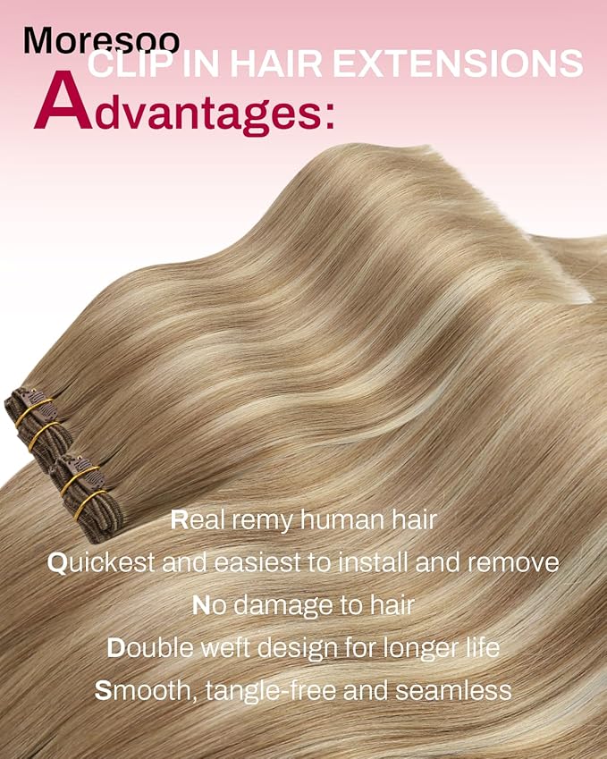 Moresoo Seamless Clip in Hair Extensions Balayage Human Hair Clip in Extensions Seamless Ombre Light Brown Mixed with Golden Blonde 7pcs/120g 18inch