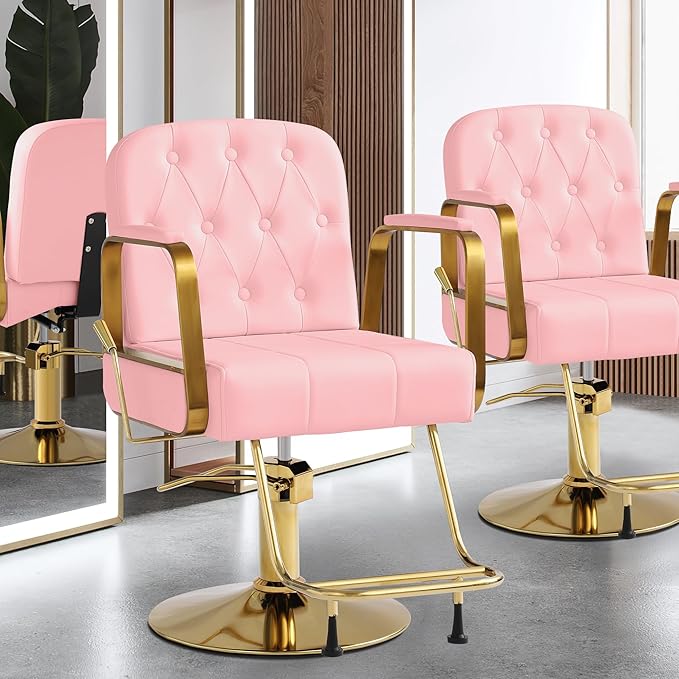KIGOTY Salon Barber Chair, Reclining Salon Chair for Hair Stylist, Adjustable Hair Salons Tattoo Braiding Hairdresser Chair, 360 Swivel Stylist Chairs for Barbershop (Pink)