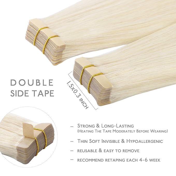 WENNALIFE Tape in Hair Extensions Human Hair, 20pcs 50g 20 inch Platinum Blonde Remy Hair Extensions Straight Human Hair Tape in Extensions Skin Weft Tape Extensions Human Hair