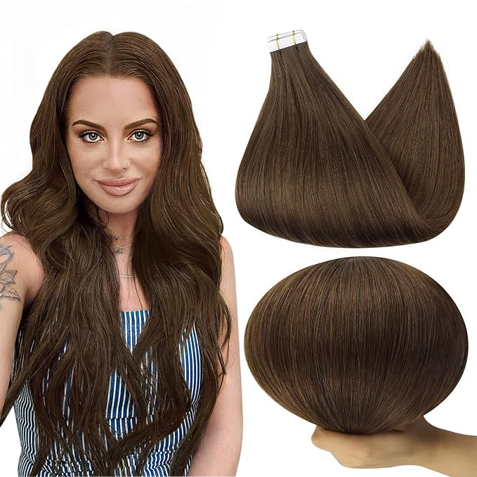 Full Shine Real Human Hair Extensions Tape in 16 Inch Soft Natural Hair Extensions Color 4 Medium Brown Seamless Tape in Human hair 100 Gram Double Sided Hair Tape 40 Pcs Add volume