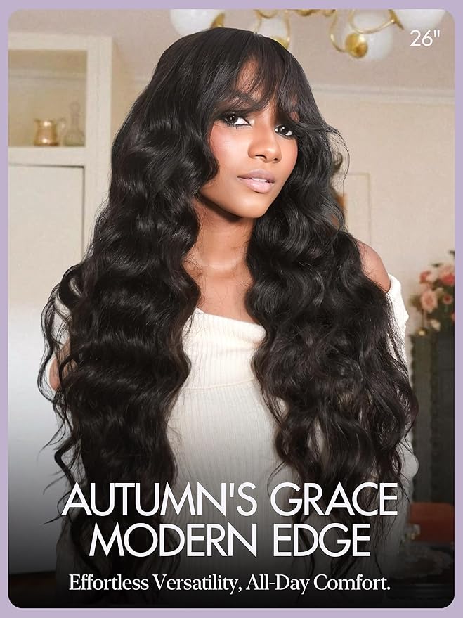 LUVME HAIR 7x6 HD Lace All-Day Comfort Wig with Bangs 200% Density Hair PartingMax Lace Wigs Loose Body Wave Lace Front Wigs Human Hair Pre Cut Plucked Lace Frontal Glueless 22 Inches