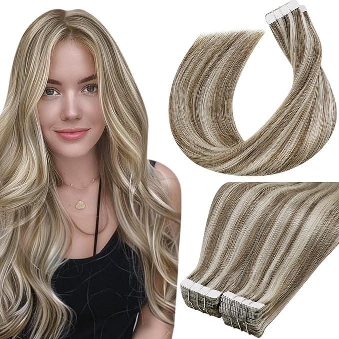 LaaVoo Hair Extensions Tape in Human Hair Invisible Tape in Hair Extensions Brown with Blonde Highlights18 Inch 40pcs 100 grams