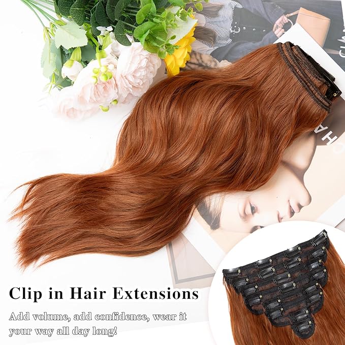 Clip in Hair Extensions for Women, 16 Inch Wavy Copper Hair Extensions Clip Ins, 8PCS Synthetic Curly Hairpieces for Women DailyParty Use