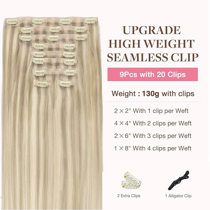 GOO GOO Clip in Hair Extensions Real Human Hair, Remy Human Hair Extensions Clip ins for Women, Natural Human Hair, 14inch 130g 9Pcs, 17A/60A Ash Blonde Highlighted Platinum Blonde