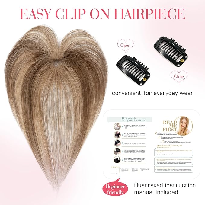 Hairro Clip In Bangs For Women Remy Short Thin Wispy Hair Topper Hairpieces 3D Cover Fake Highlight Bangs Hair Clip 11 Inches 14.5g #4P27 Medium Brown Mix Dark Blonde