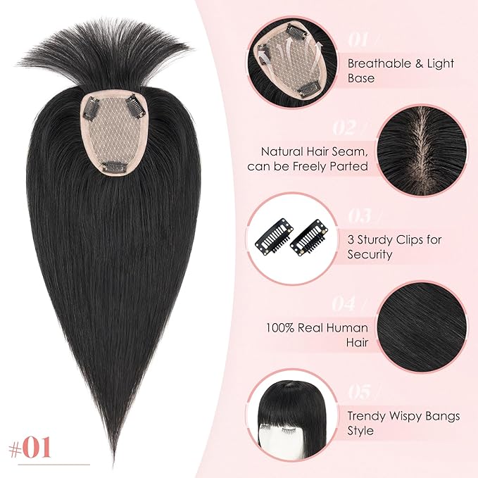 Hairro Human Hair Toppers with Wispy Bangs, 3.5x4.7" Hand-wovened Base for Women with Thinning Hair, Lightweight & Breathable Realistic Scalp, Clip-in Hairpieces for Easy Wear, 10 Inch Jet Black