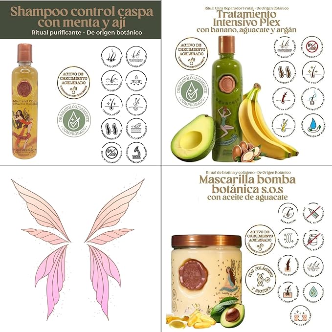 Ritual Botánico Keratina Orgánica | Treatment to Straighten, Repair and Relax Hair | All Natural, Organic & Vegan Ingredients | Product of Colombia (3 Piece Kit-Caspa Shampoo)