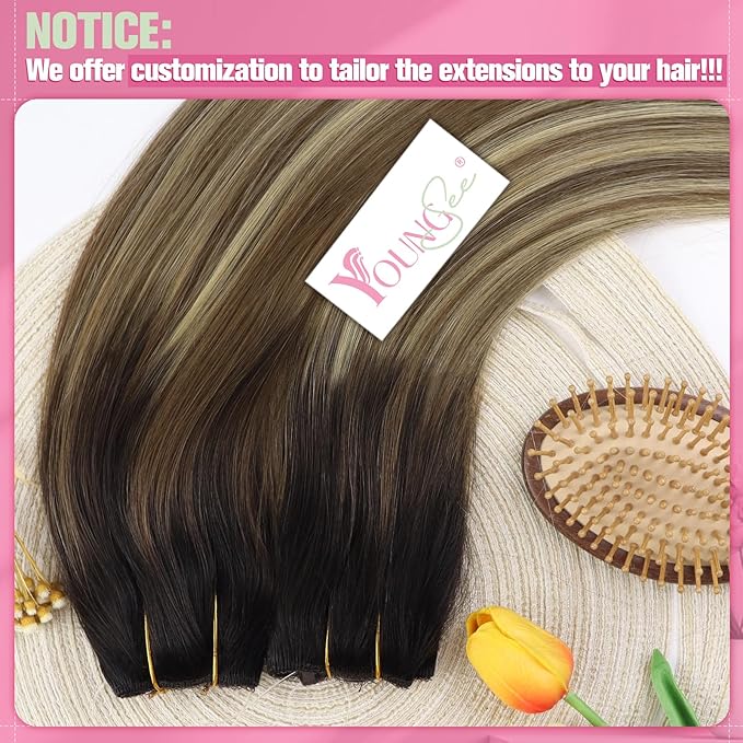 YoungSee 130G Wire Hair Extensions Real Human Hair Brown Balayage Human Hair Wire Extensions Dark Roots to Medium Brown with Blonde Headband Hair Extensions for Women 20In