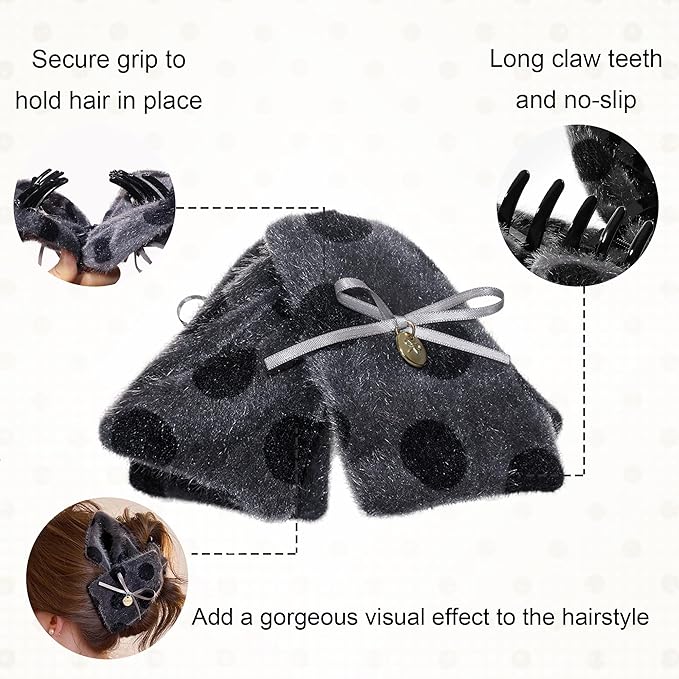 3Pcs Large Plush Hair Claw Clips for Thick Hair, 5.3 Inch Fuzzy Faux Fur Jaw Clips, Cute Polka Dot Hair Catch Barrettes with Bow Ribbon, Non Slip Strong Hold Winter Hair Accessories for Women Girls