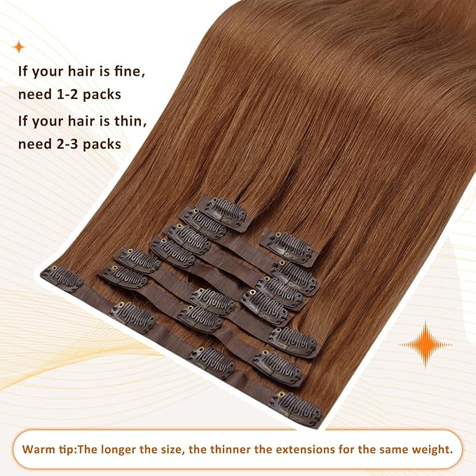 Full Shine Hair Clip in Extensions 22 Inch Copper Red Real Hair Extensions Clip in Human Hair Skin Weft Auburn Brown for Straight Add Volume 120 G 8 PCS
