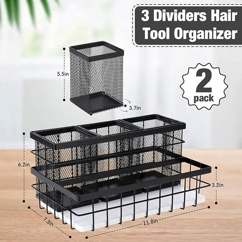 2 Pcs Hair Tool Organizer Countertop Breathable Metal & Bamboo Hot Tools Organizer Under Sink Bathroom Hair Dryer Holder Countertop Brush Comb Holder,makeup tray (White Bamboo,Black)