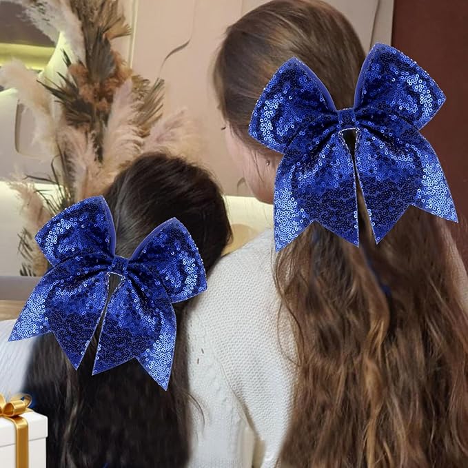 Large Glitter Cheer Bows Clips, Jumbo Big 7 Inch Cheerleading Sequin Hair Bow Hair Accessories for Teens Girls Football Sports Cheerleader Outfit Uniform (Royal Blue)