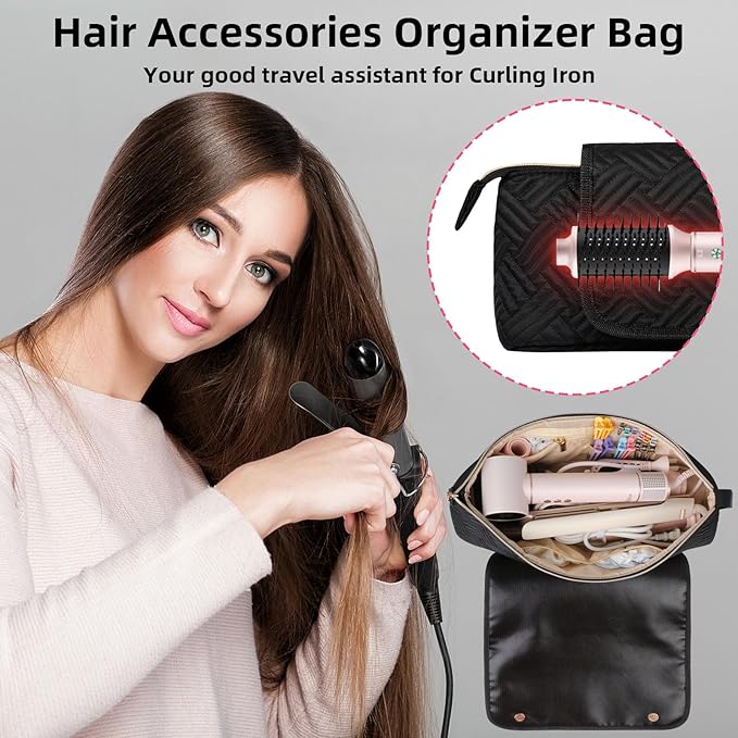 Hair Tools Travel Bag with Heat Resistant Mat, Portable Hair Tool Organizer Travel Carrying Case for Straightener, Flat Iron, Curling Iron, Hair Dryer& Hair Styling Accessories Women (Black)