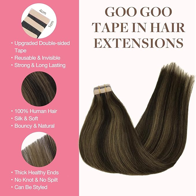 GOO GOO Tape in Hair Extensions Human Hair, 2/6 Dark Brown Highlighted Chestnut Brown, 20inch 100g 40pcs, Skin Weft Seamless Invisible, Silky Straight with Thick Ends, Remy Human Hair