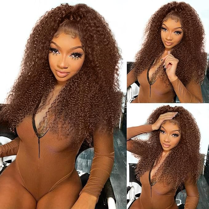 250% Density Curly Human Hair wig 13x6 Auburn Brown Mongolian Deep Transparent Lace Front Wigs for Women With Baby Hair Chocolate Curly Lace Front Wig 24 Inch