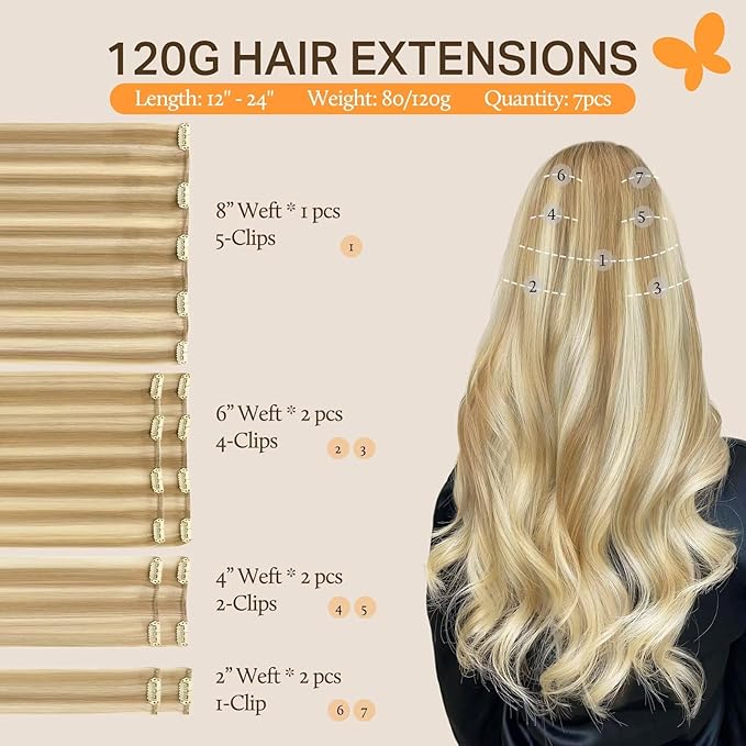 DOORES Clip in Human Hair Extensions - Balayage Dark Blonde Highlighted Bleach Blonde 120g 7pcs 22 Inch Real Human Hair Natural Thick Silky