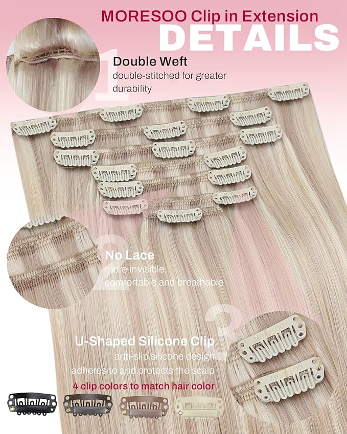 Moresoo Clip in Hair Extensions Real Human Hair Ash Blonde with Bleach Blonde Hair Extensions Clip ins Blond Highlights Remy Human Hair Straight Double Weft 120g/7pcs 16 inch
