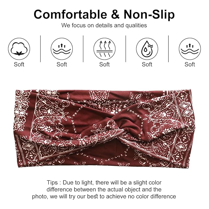 Artilady 6 Pack Boho Headbands for Women - Wide Bandana Headband Non Slip Stretchy Cheetah Paisley Print Turban Headwarp Twisted for Girls