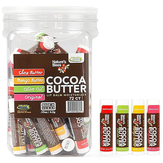 Nature's Bees - Cocoa Butter Lip Balm Moisturizer - Original 72 Pack, 4 Flavors - Original, Shea Butter, Mango Butter, Olive Oil - Made w/Coconut Oil, Beeswax, Vitamin E, Aloe - 0.15oz (4.2g)
