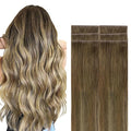 GOO GOO Invisi Edge Tape in Hair Extensions Human Hair, 3/8/613 Balayage Walnut Brown to Ash Brown and Bleach Blonde, 6pcs 18inch 15g, Virgin Remy Hair, Seamless Injected Tape, Natural Look