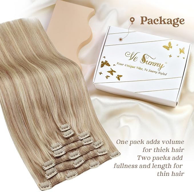 Ve Sunny Clip in Hair Extensions Highlights Human Hair Clip in Extensions Dark Ash Blonde Highlights Light Blonde Hair Extensions Clip ins Short Straight Flexible Hair for Women 7pcs 14inch 100g