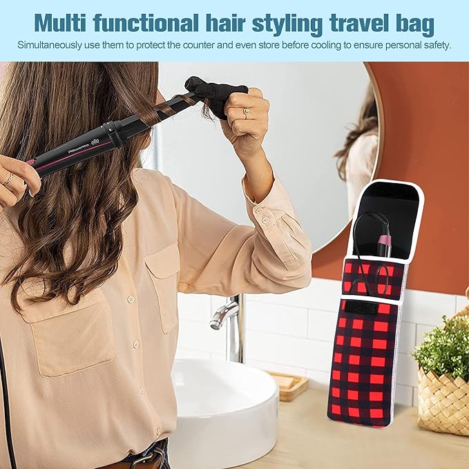 Women's Heat Resistant Neoprene Curling Iron Holder Flat Iron Curling Wand Travel Storage Cover Case Bag Pouch -Water-Resistant (Red lattice)