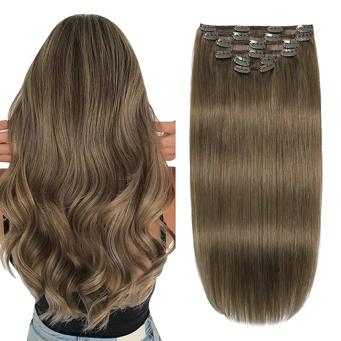 XDhair Clip in Hair Extensions Human Hair,120g 20 Inch Ash Brown Clip in Human Hair Extensions for Women 6 Pieces (#8,20Inch)