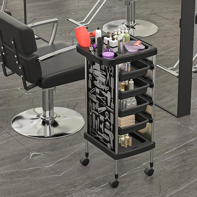 Salon Rolling Trolley with 4 Drawers/Heat-Resistent Accessories/Stainless Steel Frame Storage Tool for Barbershop Beauty Spa and Hair Salon Beauty Black