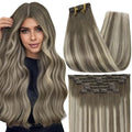Full Shine 18 Inch Real Hair Extensions Clip in Human Hair Ombre Ash Brown to Blonde Straight Hair Extension Clip ins 7 Pcs 120 G