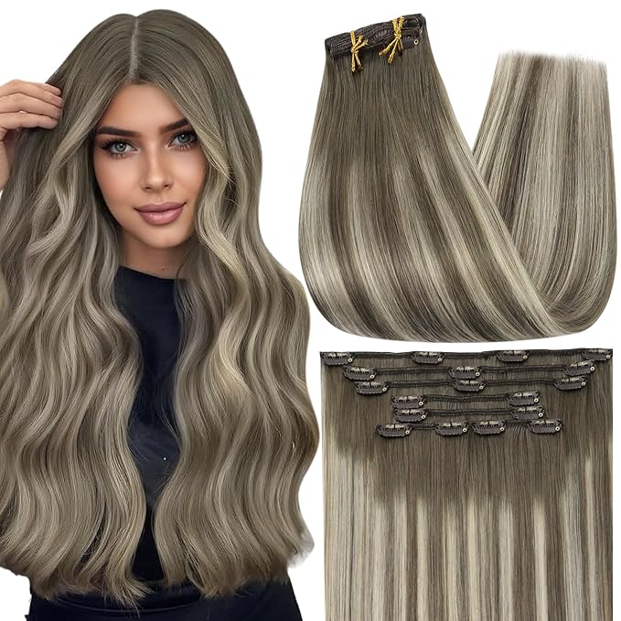 Full Shine Clip in Human Hair Extensions 20 Inch Seamless Clip in Extensions Straight Remy Hair Cool Ash Brown Ombre Highlight Blonde Hair Extensions Clip ins 7 Pcs 120 G