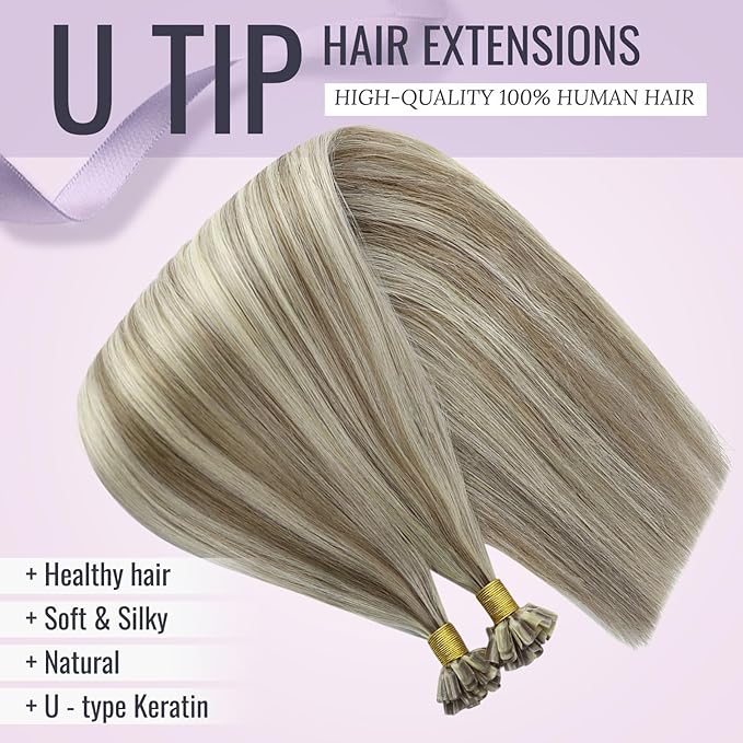 Fshine U Tip Remy Human Hair Extensions Highlighted Light Brown Mixed Platinum Blonde Pre Bonded Hair Extensions Real Human Hair 16 Inch Hot Fusion Nail Tip Hair Extensions For Women 50 Grams 1g/s