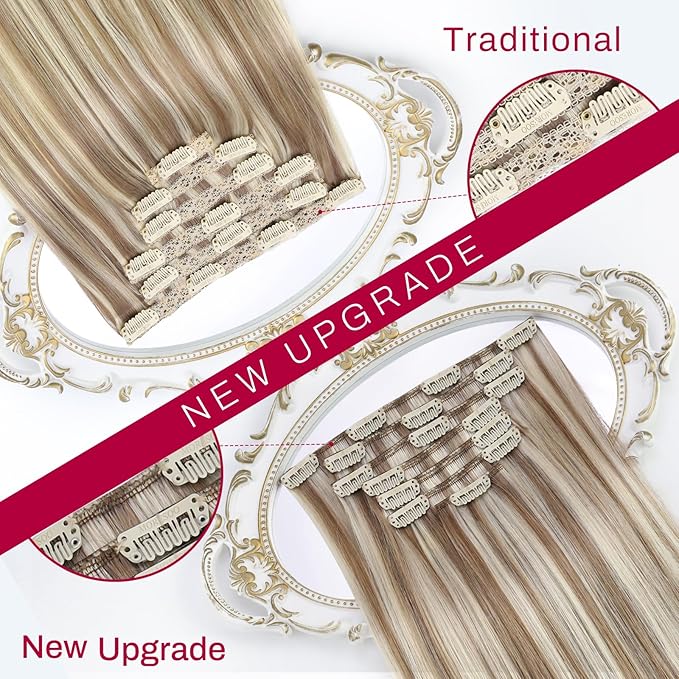 Moresoo Clip in Hair Extensions Remy Double Weft Human Hair Clip in Extensions Balayage Straight Hair Extensions for Women Ombre Brown to Light Brown with Blonde 5pcs 80g 12inch