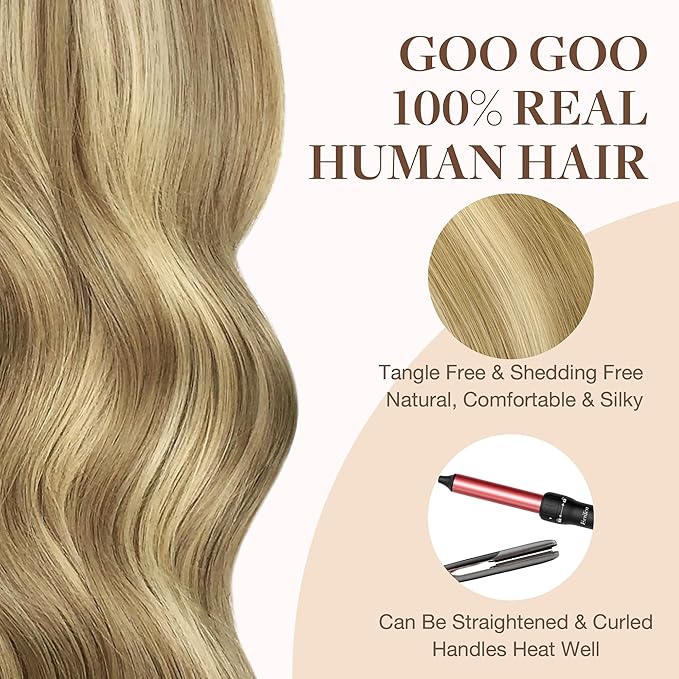 GOO GOO Tape in Hair Extensions Human Hair, 16/22 Light Blonde Highlighted Golden Blonde, 10inch 60g 40pcs, Skin Weft Seamless Invisible, Silky Straight with Thick Ends, Remy Human Hair