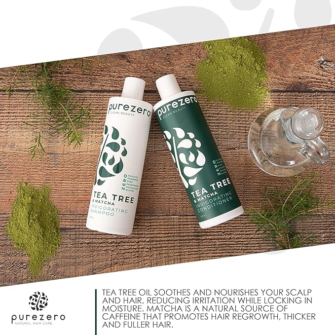 Purezero 20 oz Tea Tree & Matcha Shampoo and Conditioner Set - Nourishing & Invigorating Scalp Treatment - Zero Sulfates, Parabens, Dyes Vegan and Cruelty Free