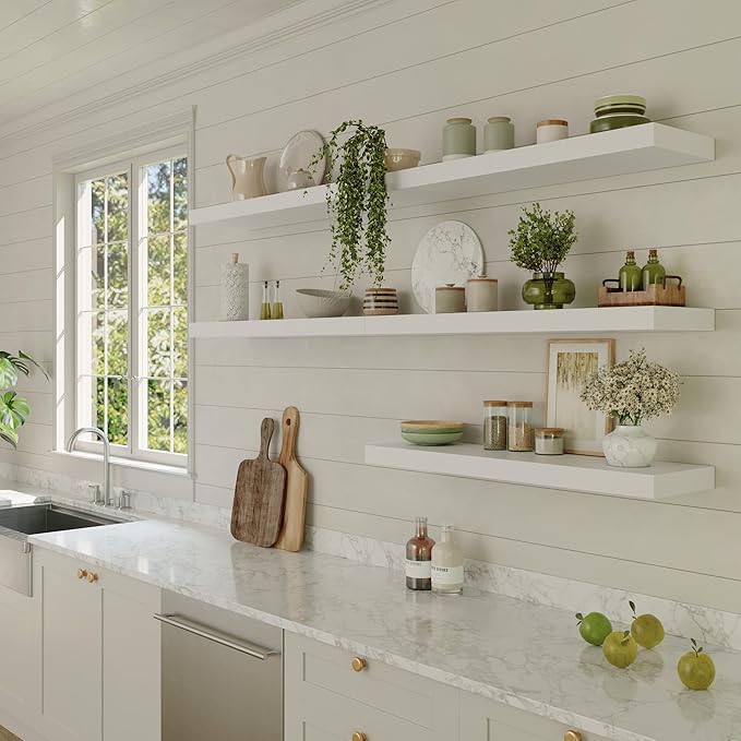 Large Floating Shelves for Wall Set of 2 Wooden Wall Shelves 24 in x 12.75 in x 2 in Room Decor Long Shelf with Invisible Wall Mount Bracket for Bedroom Kitchen Living Room White
