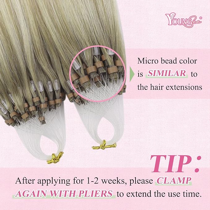 YoungSee Micro Loop Hair Extensions Real Human Hair Blonde Bead Hair Extensions Human Hair Ash Blonde Ombre Platinum Blond Microbead Human Hair Extension Balayage for Adding Hair Length 22In 50s/50g