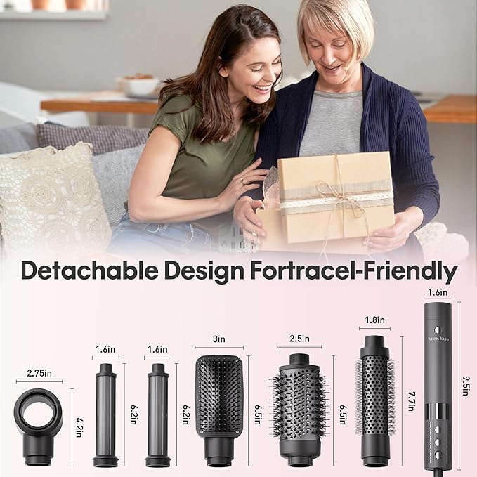 6 in 1 Blow Dryer Brush Set, Powerful Hair Dryer Brush with Auto-Winding Curl L/R, Fast Drying, Smooth Blowouts, Root-Lift Volume, No Heat Damage Frizz-Free Thermal Brush, Hot Air Styler for Travel