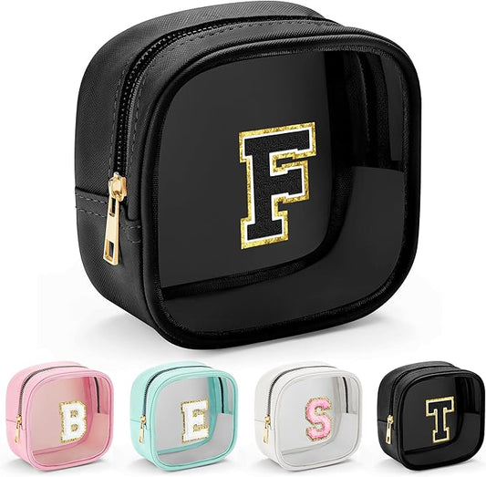 YOOLIFE Initial Makeup Bag Travel Toiletry Bag, Clear Makeup Bag Car Accessories For Women Clear Makeup Bags With Zipper Girlfriend Teacher 13 Year Old Girl Gifts Daughter Girl Gifts Mini Black F