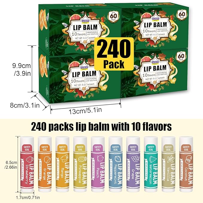 AZEN 240 Pack Lip Balm, Natural Lip Balm Bulk, Lip Care Product, Moisturizing Lip Balm for dry cracked lips - 10 Flavors