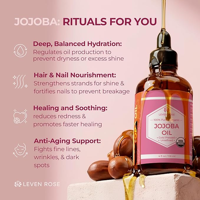 Leven Rose Jojoba Oil Organic, Pure Cold Pressed Natural Unrefined Moisturizer for Skin Hair and Nails 4 oz
