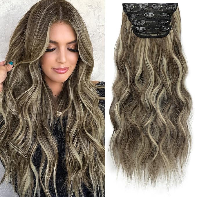 KooKaStyle Clip in Synthetic Highlight Hair Extensions Long Wavy 4PCS Thick Hairpieces Medium Brown Ash Blonde Fiber Double Weft Natural Hair Extensions 20 Inch for Women